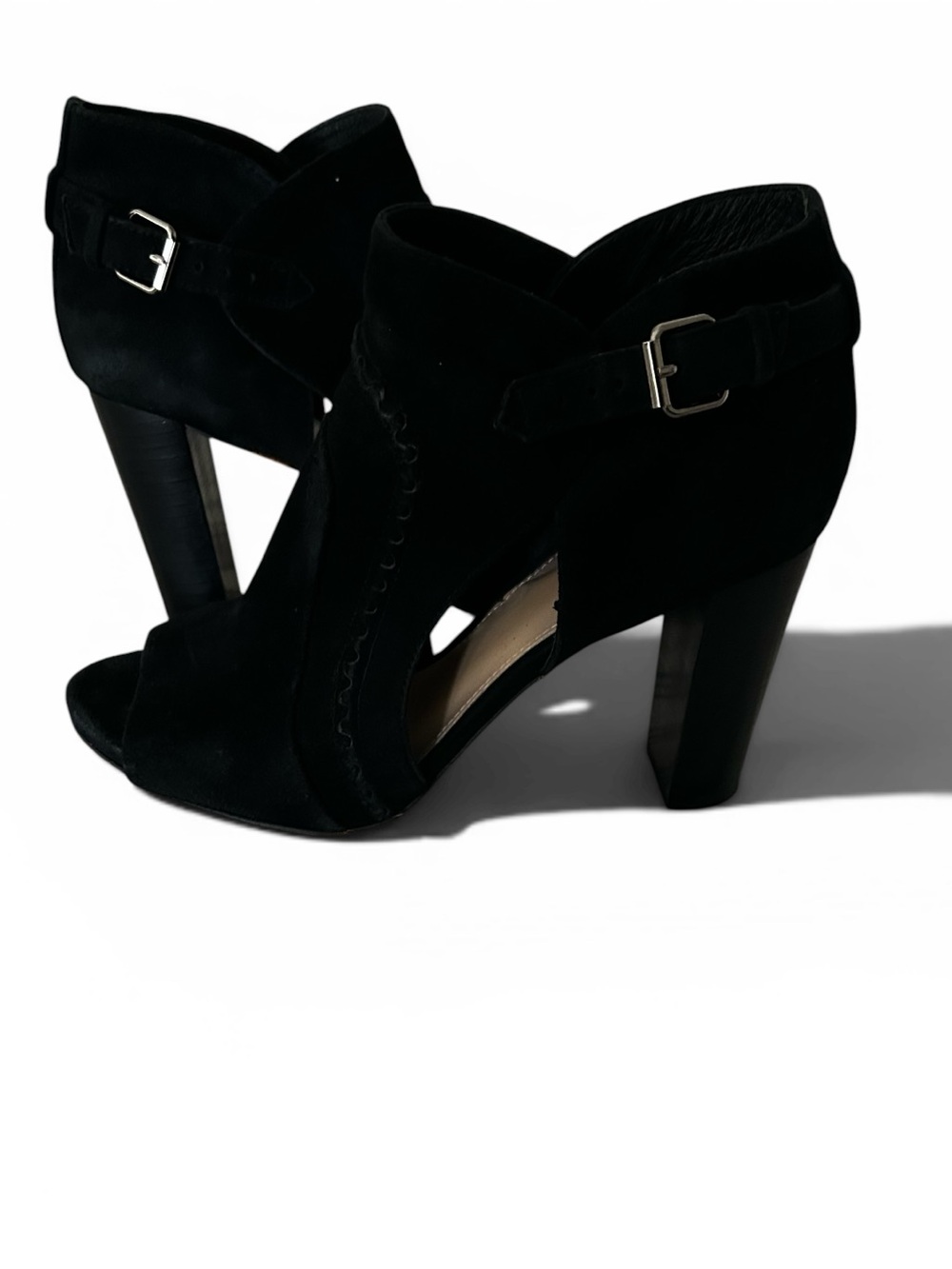 Vince Camuto Black Suede Conley Peep Toe Heels Buckle Size 8